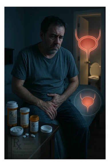 A middle-aged man sits on the edge of his bed in a dimly lit bedroom, looking exhausted and frustrated. On the nightstand beside him are several prescription pill bottles, loosely organized, some open — suggesting long-term medication use. In the background, the bathroom door glows softly, partially open, with a faint reflection of the toilet visible, indicating frequent nighttime trips. The man wears a loose T-shirt and pajama pants, his posture slightly curved as he gently touches his lower abdomen, symbolizing bladder discomfort. His eyes have dark circles, his expression is drained. The color palette is muted blues and greys, with a cinematic soft focus and ambient light highlighting emotional fatigue. A subtle overlay of pill labels and bladder imagery could be added for educational use. sticker