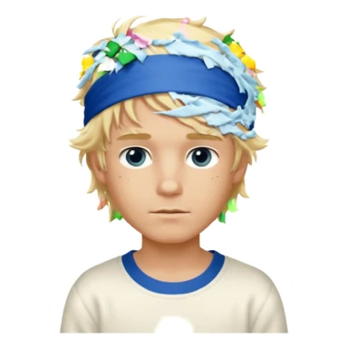 Create a look for a blond boy with long, tousled hair, light eyes, a white sweater, a wealthy appearance, blue eyes, and accessories like a Rolex or Cartier watch, and a cute face with messy hair down. blue eyes + headband white + pajama sticker