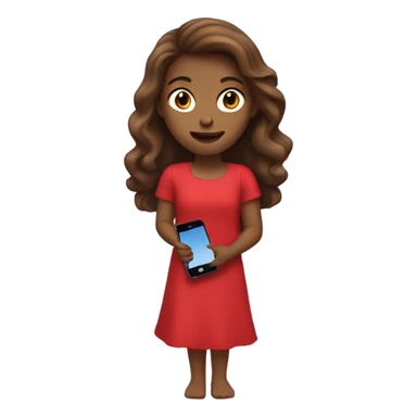 a white girl with log brown hair in a red dress holding a cell phone showing it sticker