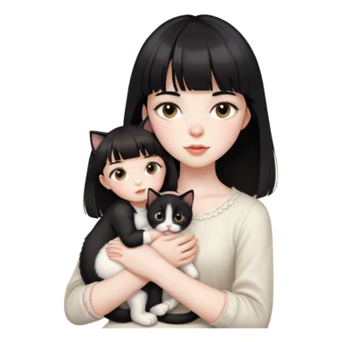 a very pale white feminine girl with medium black hair with bangs with big light brown eyes looking like a porcelain doll with a black kitten on her lap sticker