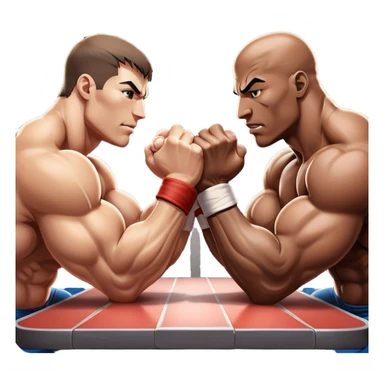 Two athletes engaged in an intense arm wrestling match, their muscles straining as they battle for dominance. The scene captures the powerful clash of strength, with close-ups on the hands locked in a firm grip, sweat glistening under bright lights. The background features a wrestling table. sticker