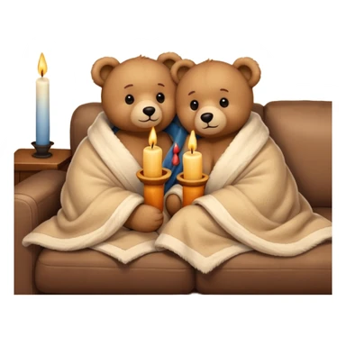 Two cozy teddy bears cuddling wrapped in a blanket watching tv on couch with candles next to them sticker
