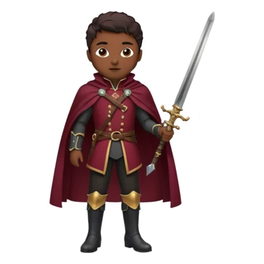 Vestimenta: Ropa de noble — chaqueta ajustada, capa corta, botas altas y espada al cinto. Colores oscuros (rojo vino, negro, granate) sticker