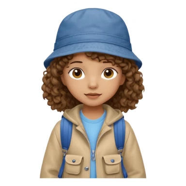 A little girl student curly brown hair, with jean bucket hat, beige jacket, blue backpack sticker