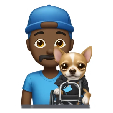 Dark man in wheelchair with a blue AF hat on with a yorkie chihuahua on his lap￼ sticker