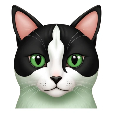 Haz una gata de ojos verdes la cara blanca con mancha negra en las orejas que agarra parte de la frente del lado der pero del iz va desde el ojo hasta la oreja la mancha, tiene la nariz negra en forma de corazón y todo lo que sobra de la cara, barbilla la nariz arriba y el lado de bigotes es blanca sticker
