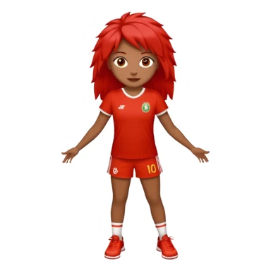 Crie uma rapariga com cabelo encaracolado, longo e frisado, olhos escuros, muitos sinais na cara, blusa vermelha e branca às riscas, calças de ganga, ténis samba fake  sticker