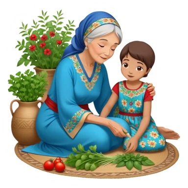 intergenerational moment between a grandmother and her granddaughter, deeply rooted in tradition. The young woman, dressed in a beautiful blue kaftan, sits on the floor carefully picking fresh herbs or greens, while the grandmother, wearing a red headscarf and floral dress, gently guides her. sticker