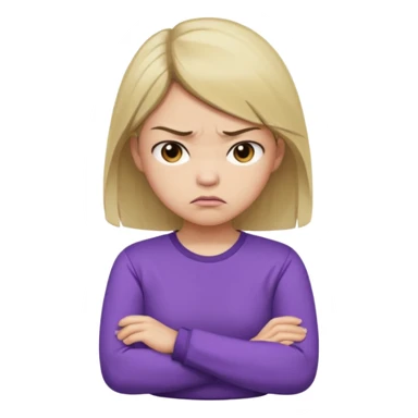 Angry Pouty girl with small asian eyes folding arms in a purple longsleeve shirt she has fair skin and medium length brown hair with blonde sticker