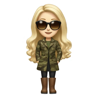 Realistic White girl with Long blonde hair and round sunglasses, camouflage Wool oversize blazer, mini dress and Brown leather boots  sticker