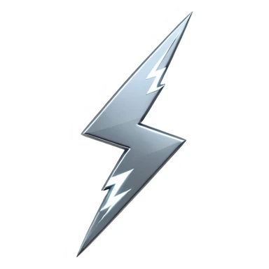 A lightning bolt emoji made of polished silver chrome, sharp yet rounded edges, glossy metallic surface, soft reflections, minimal futuristic design, iOS emoji style, centered, clean white background sticker