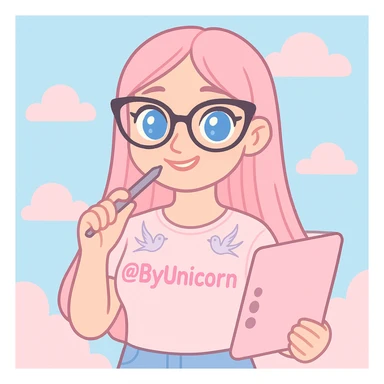 portrait of a girl from waist up with long straight pink hair, expressive blue eyes, nose with a small hump, two symmetrical swallow tattoos on collarbones, wearing a pastel light pink t-shirt with a more saturated pink @ByUnicorn print, black cat-eye shaped glasses on face, holding a pastel pink graphic tablet in right hand and a pen from the tablet in left hand, gently biting the pen with a smile, background of pastel blue sky and fluffy pastel pink clouds, soft graphic style, expressive features, pastel colors, drawn portrait, no realism, maintain girl's appearance from photo sticker
