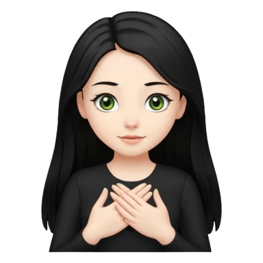 Pale girl with long black hair and olive green eyes soft smile wearing black dress and holding hands over her chest sticker