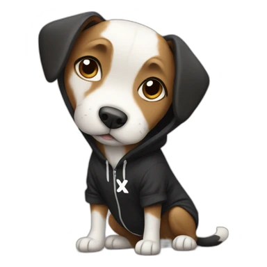 dog wearing a black hoodie with a white x on it sticker