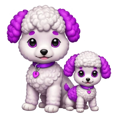 Two white toy poodle–style dogs, fluffy curly fur, round faces, black button eyes, pink and purple dyed ears and paws (magenta/violet tips). One standing upright, one sitting. Cute, plush, emoji style. sticker