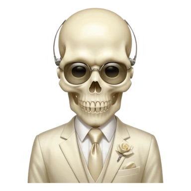 aesthetic shiny glowing divine lighting - Megadeth icon - a politician in an ivory ethereal suit wears a white tie, has a skull instead of a head, and instead of glasses, has a metal plate with screws over his eyes sticker