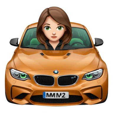 Beautiful Caucasian girl realistic with green eyes and long brown hair straddling sitting on the hood of BMW M2 car sticker