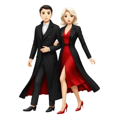 Ultra detailed realistic tango couple icon, black background, dramatic lighting, long black coat on man, white shirt and white shoes, red dress and white heels on woman, centered, minimal background, high contrast, 4K resolution, profile picture ready, sharp clean edges sticker