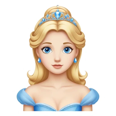 Cinematic Realistic Comical Cinderella Portrait, with every detail rendered realistically—from the soft, smooth texture of her fair skin to her artfully styled golden-blonde hair. Her bright blue eyes are wide with playful disbelief, and her expression carries a touch of whimsical humor while retaining elegant poise. Her classic ball gown, detailed with rich fabric textures and natural shadows, catches the light in a way that blends refined beauty with a hint of cheeky mischief, creating a striking, lifelike portrayal. sticker