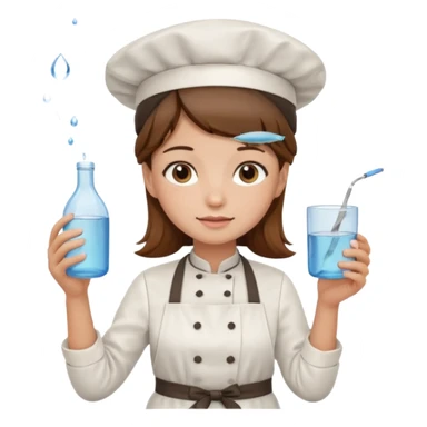 A girl with brown hair with a chef hat wearing an apron and holding a fish and a cup of water in another hand sticker