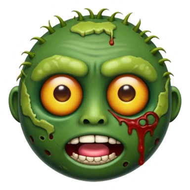 emoji de zumbi realista estilo 3D, pele verde podre, cicatrizes, olhos brilhando, expressão assustadora, fundo transparente sticker