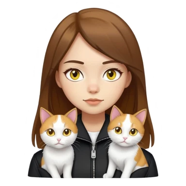 Light-skinned girl with brown straight hair wearing a black jacket, with a pure white cat with yellow eyes and a calico cat sticker