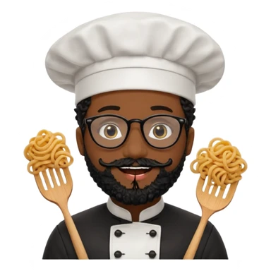 CHEF CON PELO NEGRO RIZO Y BARBA NEGRA, OJOS MARRON OSCURO Y GAFAS DE PASTA NEGRAS. SONRIE Y TIENE MARCAS DE BESOS CON FORMA DE LABIOS EN LAS MEJILLAS (COMO MANCHAS DE PINTALABIOS) sticker