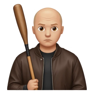 Bald Russian 1990s gangster emoji, leather jacket, , serious face with a bat sticker