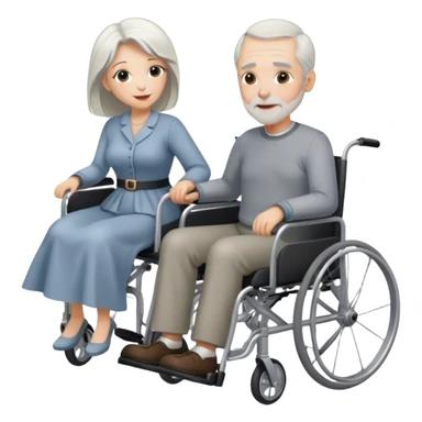 Older man pushing his wife in a wheelchair, he slightly balding with silver hair. She has long blonde hair and mini schnauzer is in her lap. sticker