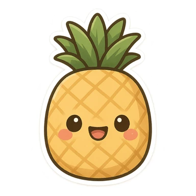 chibi sticker-style pineapple with a smiling face, cute and exaggerated sticker