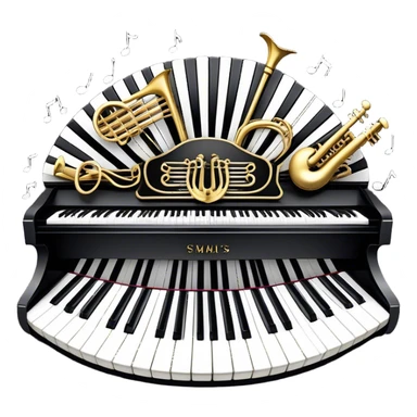 Create a detailed and elegant emoji collage representing keyboard instruments in a celebratory and professional style, reminiscent of a coat of arms. The design should feature a central arrangement of black and white piano keys, forming a symmetrical, powerful image. Around the keys, include a flowing ribbon of musical notes that intertwines with the keys, creating a sense of movement and harmony. Use gold and silver accents to highlight the keys and musical notes, giving the design a festive, high-quality appearance. The design should convey professionalism, elegance, and a sense of occasion. Add subtle reflections on the piano keys to enhance the polished look. The background should be transparent. sticker