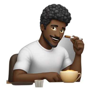 Hombre de pelo largo programando con un cigarro en la mano derecha y en la mano izquierda un cafe, pelo negro  color de piel blanco blanco  sticker