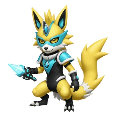 Shiny badass cool edgy spikey fluffy cyan yellow white electric complex futuristic Zeraora-Renamon-Electrike-Umbreon-Lombax-Weregarurumon-fusion-creature (full body) wearing a black cyber--helmet-mask sticker