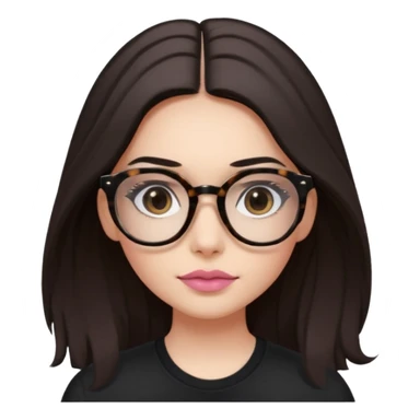 The girl with dark long hair, with divided in the middle hairstyle, white skin, black eyes, wearing black shirt and tortoise framed glasses. The mounth is light old pink, with light smile with no teeth. sticker