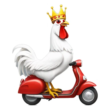 howling a white rooster with a crown on its head driving a scouter Vespa, realistic sticker