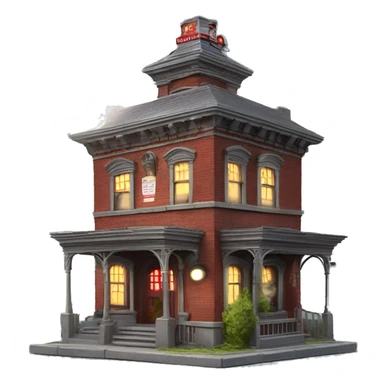 Very old dilapidated Firehouse building shaped like the Ghost Busters Firehouse with solar lights and decorative and detailed  sticker