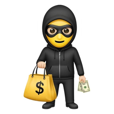 a burglar emoji with a yellow face,black mask, white bag with a dollar sign on it, but with no body, just a head sticker