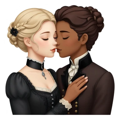 Victorian era lesbian couple kissing tenderly, eyes closed, different hair colors, wearing elegant dark period clothing sticker