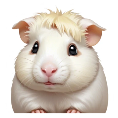 Cinematic Cute White Guinea Pig Portrait Emoji, Head tilted playfully and inquisitively, showcasing a silky, immaculate white coat with a natural glow, round, sparkling dark eyes filled with curiosity, Simplified yet irresistibly adorable features, highly detailed, glowing with a warm, friendly light, high shine, affectionate and lively, stylized with a touch of whimsy, bright and endearing, soft glowing outline, capturing the essence of a mischievous yet loving guinea pig, so playful it feels like it could nuzzle out of the screen and into your arms! sticker