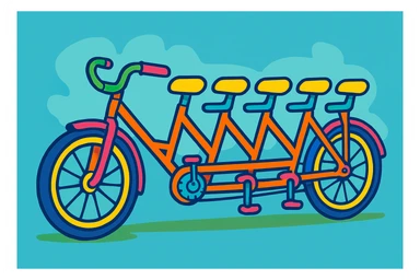 whimsical and fun 5-seater bike with five seats in a row, each with handlebars, playful and colorful style sticker