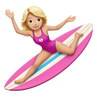 surf girl on a board in a pink one-piece swimsuit, smiling, simple emoji style sticker