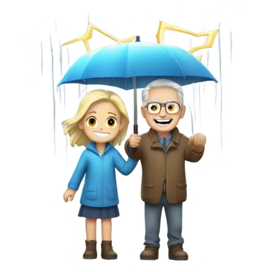 happy girl and old man in the rain with lightning sticker