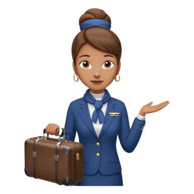 flight attendant, Light Brown skin, brown hair in single bun, neck scarf, suitcase sticker