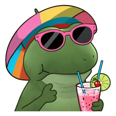 Bufo frog in a jumping pose, wearing a rainbow umbrella hat, round sunglasses, holding a pink cocktail, classic Bufo meme style sticker