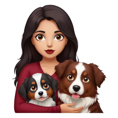 One latina girl with long beautiful dark hair and dark eyes in a dark red v neck and makeup with her dog which is a black brown and white tri colored  Australian shepherd large sticker
