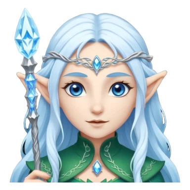 Legendary fantasy Christmas elf portrait icon, Santa Claus and Snow Maiden inspired, ancient winter spirit style, long flowing white-blue hair, glowing frost eyes, crystal staff, elegant elven features, divine winter magic aura, icy silver color palette, highly detailed but clean emoji icon sticker