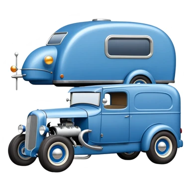 A rat rod 1934 hot rod caravan pulling a large matching trailer, blue and pearl  sticker