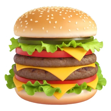 hamburger with sesame seed bun, lettuce, tomato, cheese, and patty sticker