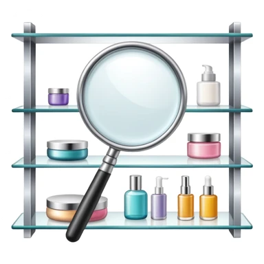 front view magnifying glass over beauty product shelf searching for last item sticker