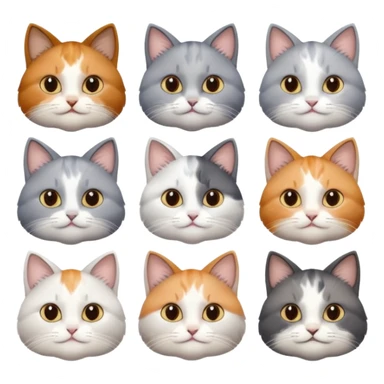6 realistic looking cats with different natural coloured coats, assorted grey and white, greys, calico, brown and white colours etc
 sticker